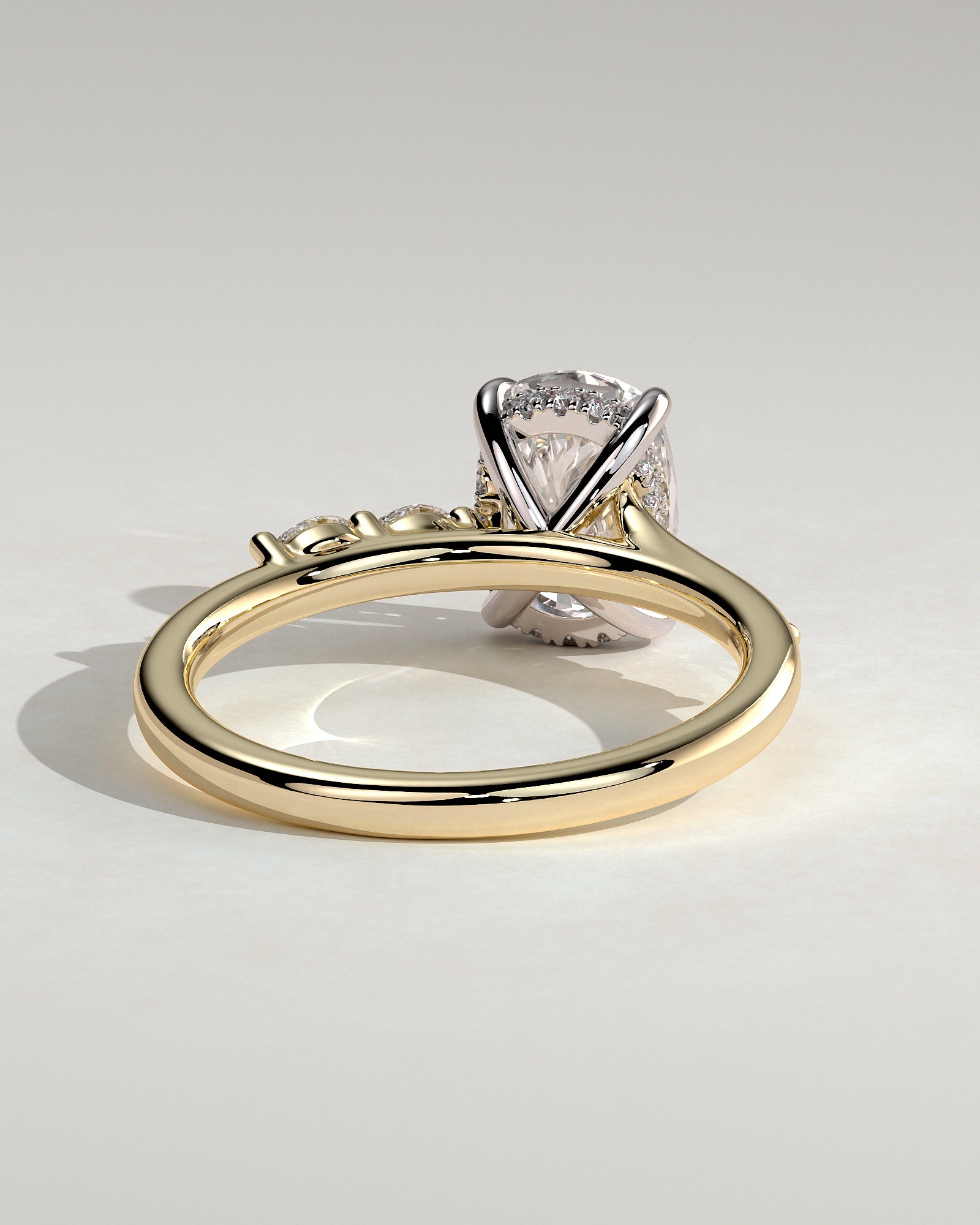Elle - Elongated Cushion Claw Solitaire with Hidden Halo, Opposing Marquise Accents and Cathedral High Setting Engagement Ring - Yellow Two-Tone - Yellow Two-Tone 2ct