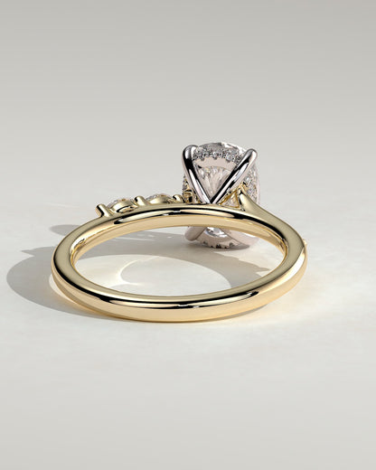 Elle - Elongated Cushion Claw Solitaire with Hidden Halo, Opposing Marquise Accents and Cathedral High Setting Engagement Ring - Yellow Two-Tone