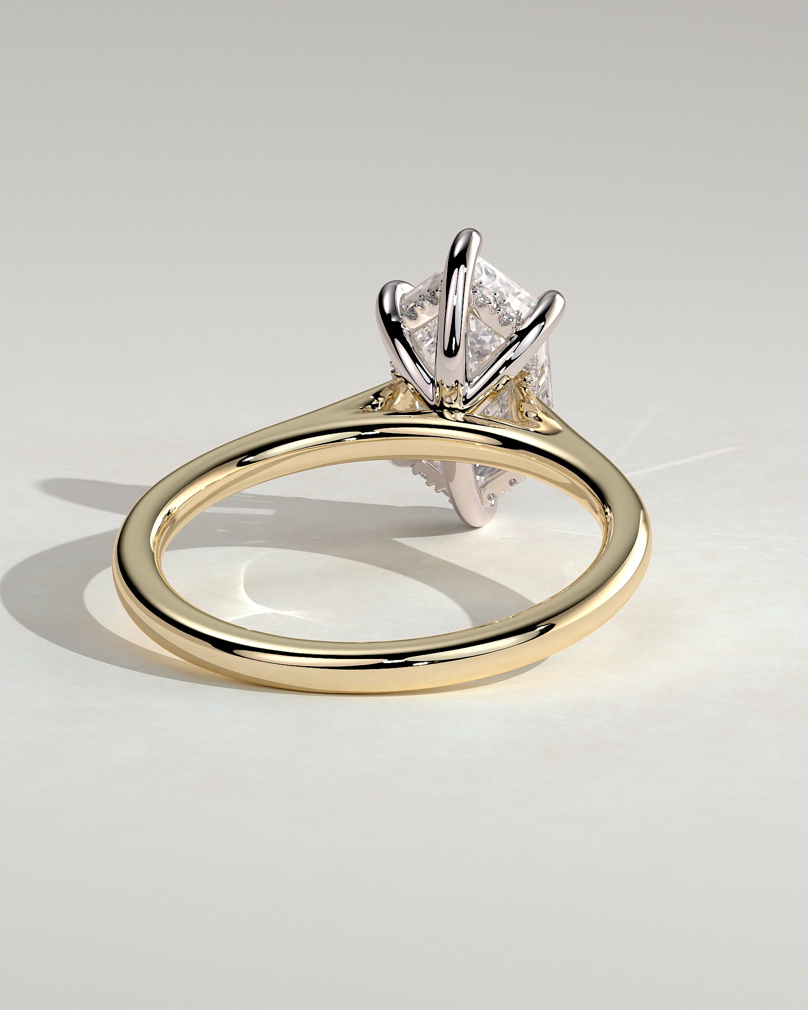Anastasia - Elongated Hexagon Claw Solitaire with Hidden Halo and Cathedral High Setting Engagement Ring - Yellow Two-Tone - Yellow Two-Tone 2ct