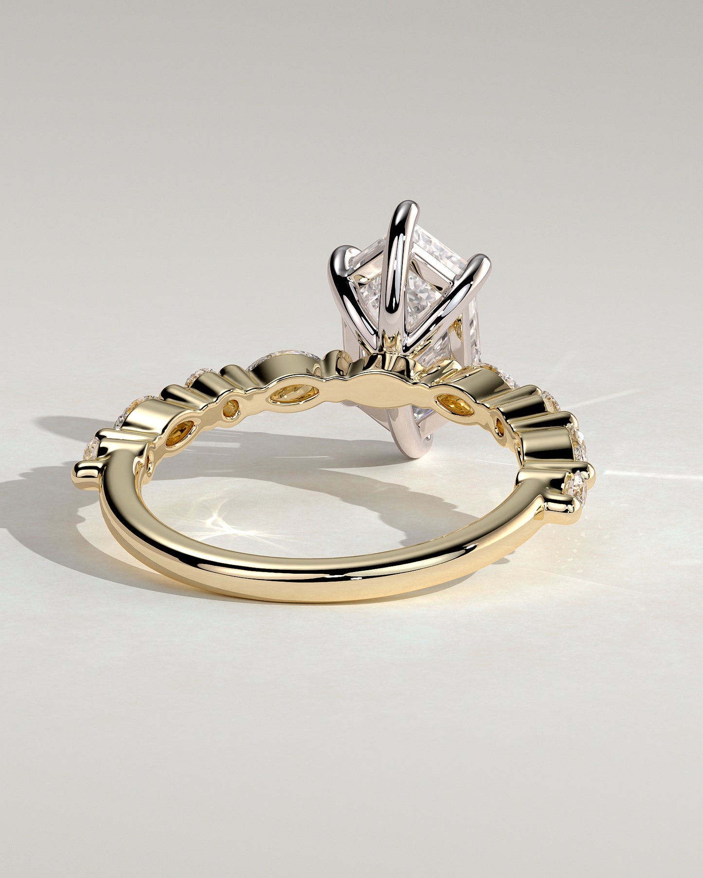 Agnes - Elongated Hexagon Claw Solitaire with Marquise and Round Accent Stones Engagement Ring - Yellow Two-Tone - Yellow Two-Tone 2ct