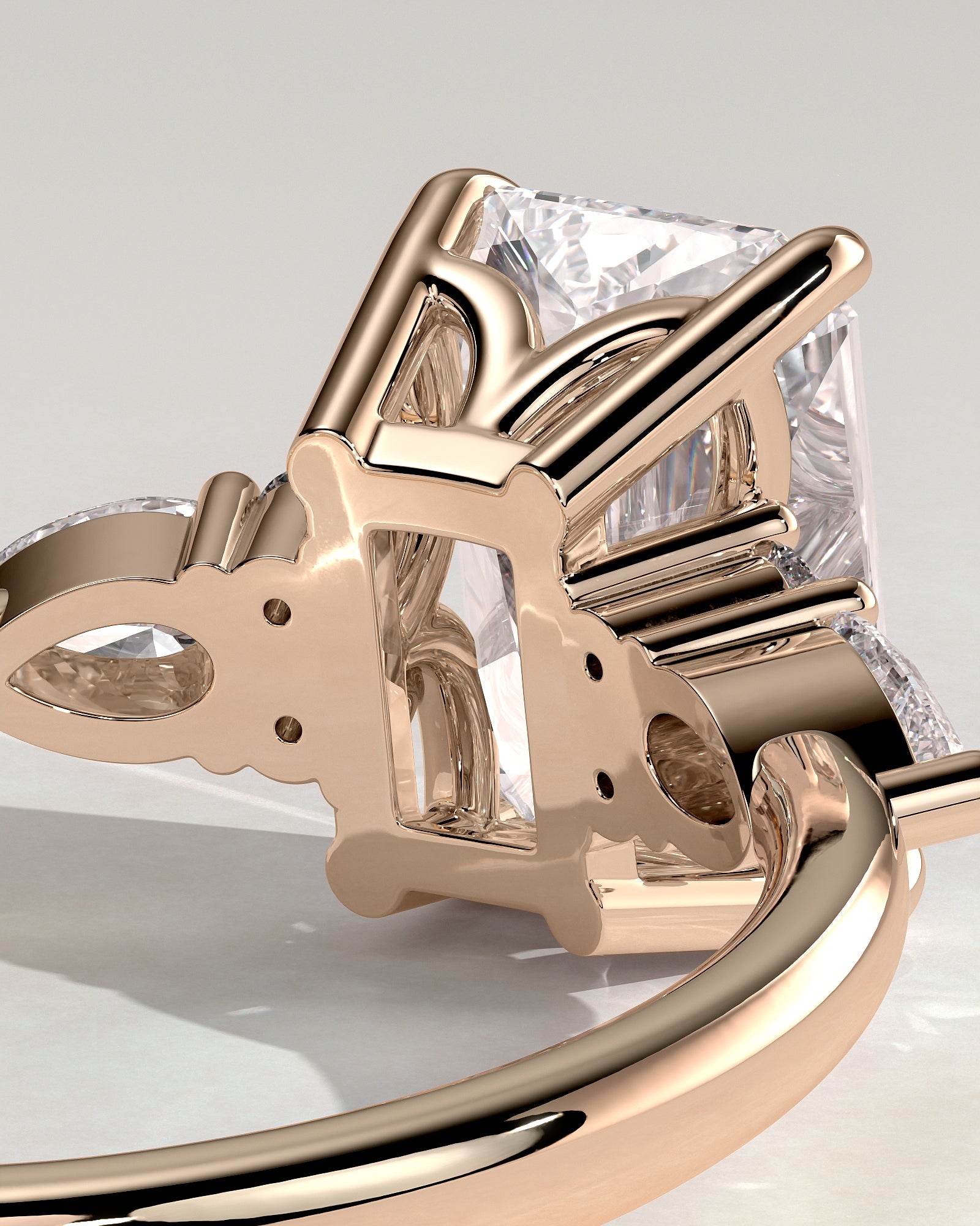 Heidi - Radiant Claw Solitaire with Pear Accents and Round Shoulder Stones Engagement Ring - Rose Gold - Rose Gold 2ct