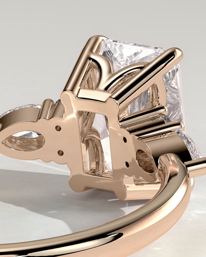 Heidi - Radiant Claw Solitaire with Pear Accents and Round Shoulder Stones Engagement Ring - Rose Gold