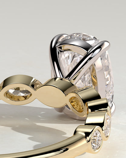 Carrie - Elongated Cushion Claw Solitaire with Round-Marquise Bezel Accent Stones Engagement Ring - Yellow Two-Tone