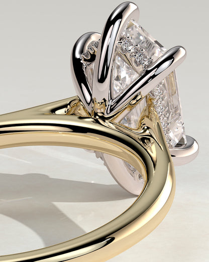 Anastasia - Elongated Hexagon Claw Solitaire with Hidden Halo and Cathedral High Setting Engagement Ring - Yellow Two-Tone