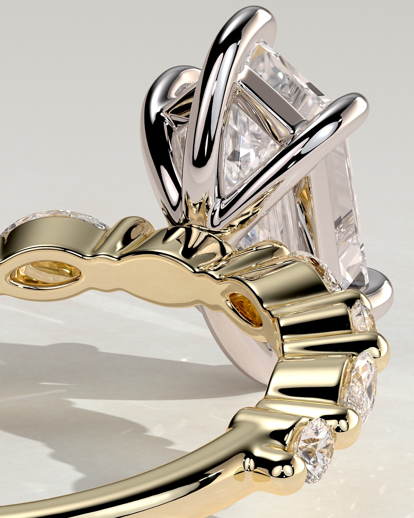 Agnes - Elongated Hexagon Claw Solitaire with Marquise and Round Accent Stones Engagement Ring - Yellow Two-Tone - Yellow Two-Tone 2ct