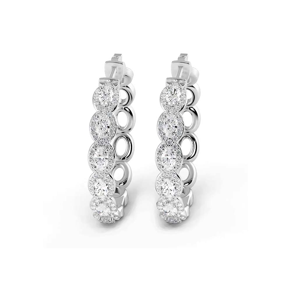 5.0 ctw. Oval Diamond Hoop Earrings Halo Style With Round Diamonds - 14K White Gold - G-H Color SI1-SI2 Clarity