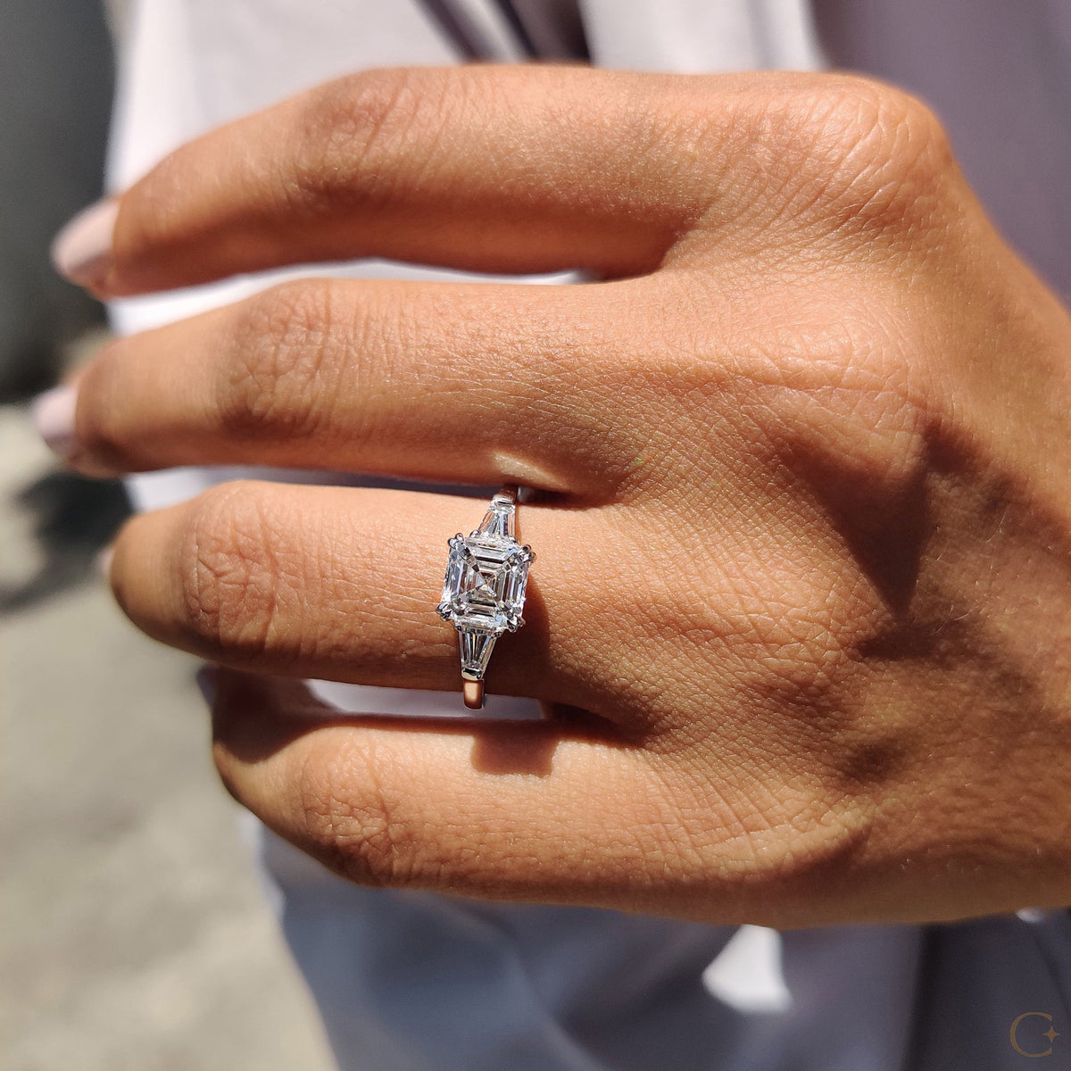 3 Stone Diamond Engagement Ring With Asscher and Baguette