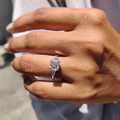 3 Stone Diamond Engagement Ring With Asscher and Baguette