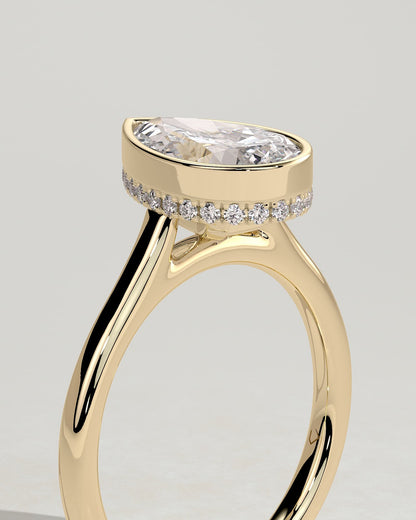 Jude - Pear Bezel Solitaire with Hidden Halo and Cathedral High Setting Engagement Ring - Yellow Gold