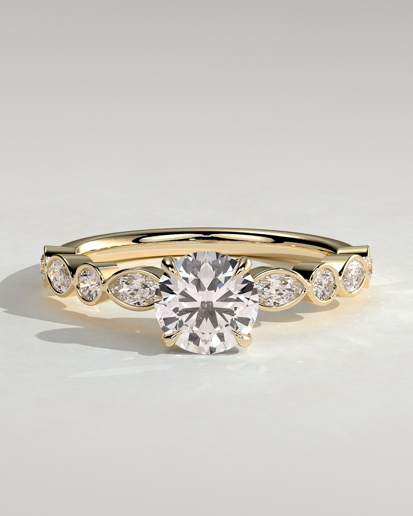 Cartia - Round Claw Solitaire with Round-Marquise Bezel Accent Stones Engagement Ring - Yellow Gold