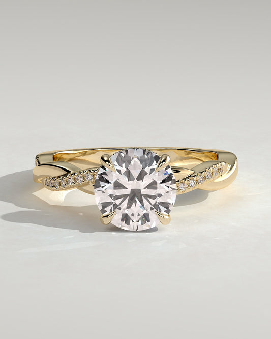 Lorelai - Round Claw Solitaire with Hidden Halo and Twisted Alternating Pave Band Engagement Ring - Yellow Gold