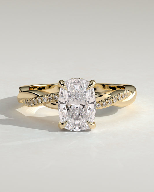 Violetta - Elongated Cushion Claw Solitaire with Hidden Halo and Twisted Alternating Pave Band Engagement Ring - Yellow Gold - Yellow Gold 2ct