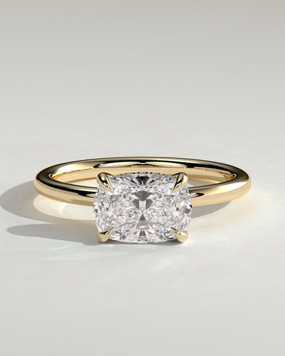 Frida - Elongated Cushion East West Claw Solitaire with Hidden Halo Engagement Ring - Yellow Gold