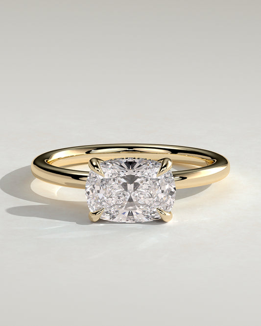 Frida - Elongated Cushion East West Claw Solitaire with Hidden Halo Engagement Ring - Yellow Gold - Yellow Gold 2ct