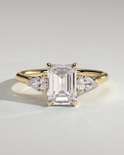 Davina - Emerald Claw Trilogy with Pear Side Stones and Cathedral Setting Engagement Ring - Yellow Gold