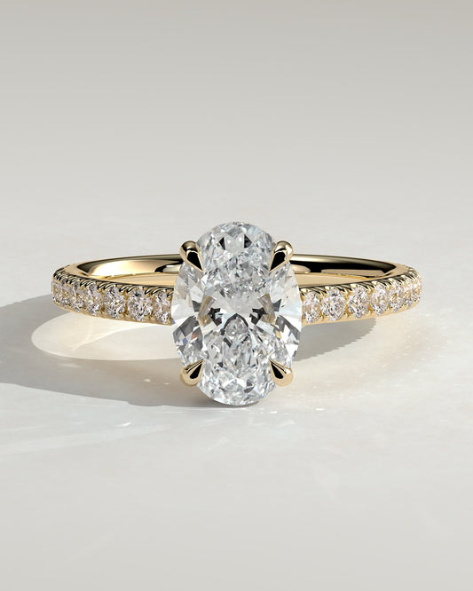Julia - Oval Claw Solitaire with Hidden Halo, Pave Band and Cathedral High Setting Engagement Ring - Yellow Gold