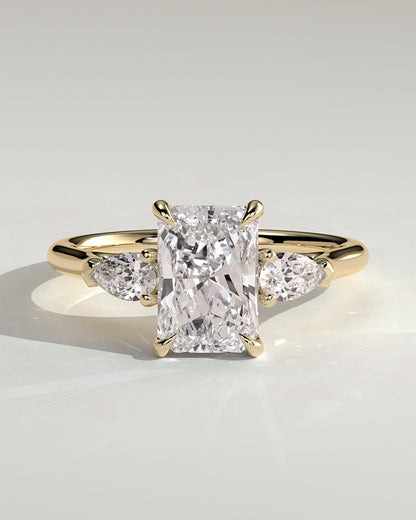 Jasmine - Radiant Claw Trilogy with Pear Side Stones and Cathedral Setting Engagement Ring - Yellow Gold