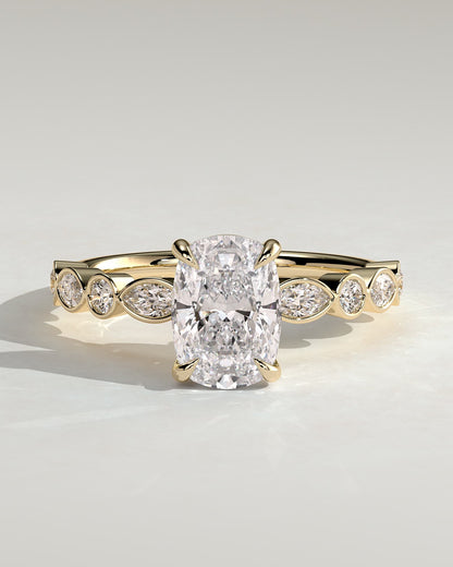 Carrie - Elongated Cushion Claw Solitaire with Round-Marquise Bezel Accent Stones Engagement Ring - Yellow Gold