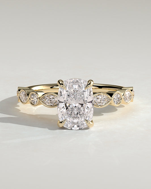 Carrie - Elongated Cushion Claw Solitaire with Round-Marquise Bezel Accent Stones Engagement Ring - Yellow Gold - Yellow Gold 2ct