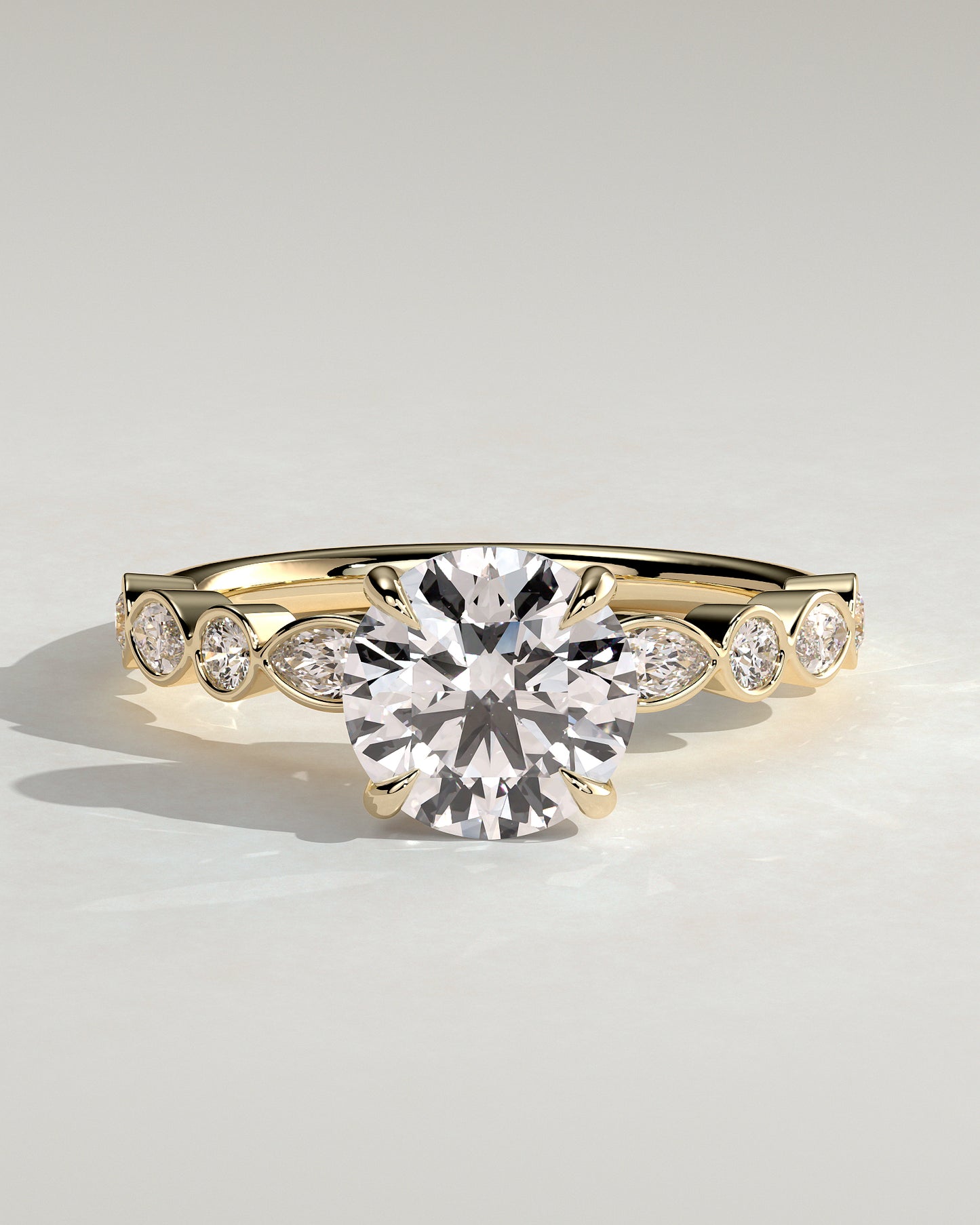 Cartia - Round Claw Solitaire with Round-Marquise Bezel Accent Stones Engagement Ring - Yellow Gold - Yellow Gold 2ct