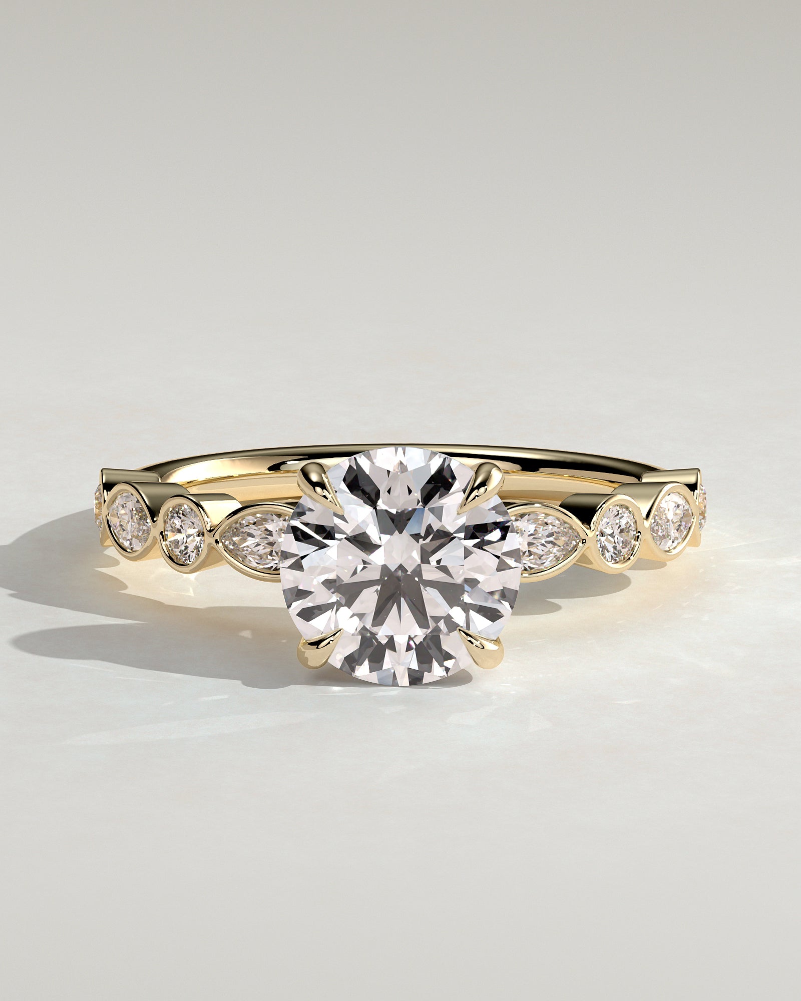Cartia - Round Claw Solitaire with Round-Marquise Bezel Accent Stones Engagement Ring - Yellow Gold - Yellow Gold 2ct