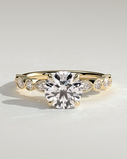 Cartia - Round Claw Solitaire with Round-Marquise Bezel Accent Stones Engagement Ring - Yellow Gold - Yellow Gold 2ct