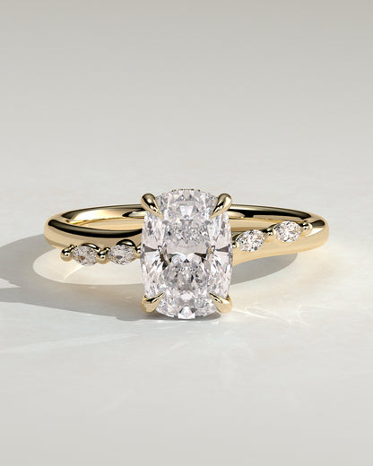 Elle - Elongated Cushion Claw Solitaire with Hidden Halo, Opposing Marquise Accents and Cathedral High Setting Engagement Ring - Yellow Gold