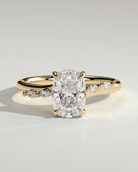 Elle - Elongated Cushion Claw Solitaire with Hidden Halo, Opposing Marquise Accents and Cathedral High Setting Engagement Ring - Yellow Gold - Yellow Gold 2ct