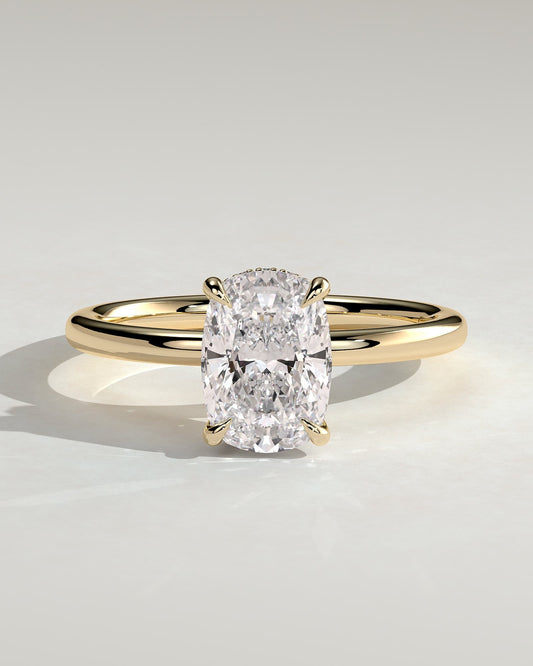 Melanie - Elongated Cushion Claw Solitaire with Wrap Around Hidden Halo Engagement Ring - Yellow Gold