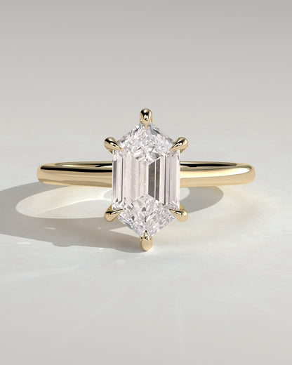 Anastasia - Elongated Hexagon Claw Solitaire with Hidden Halo and Cathedral High Setting Engagement Ring - Yellow Gold