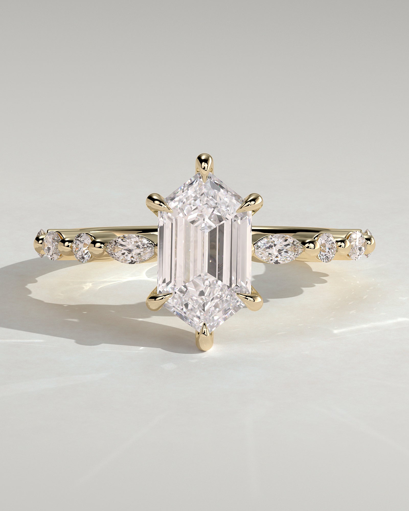 Agnes - Elongated Hexagon Claw Solitaire with Marquise and Round Accent Stones Engagement Ring - Yellow Gold - Yellow Gold 2ct