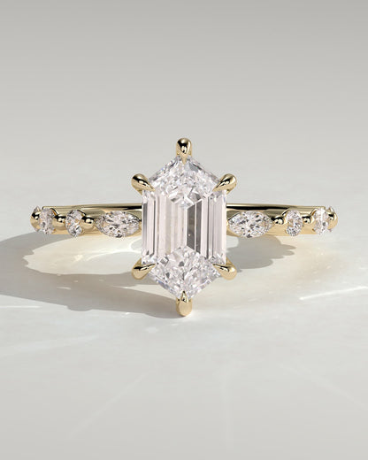 Agnes - Elongated Hexagon Claw Solitaire with Marquise and Round Accent Stones Engagement Ring - Yellow Gold - yellow gold - Lara Jewels