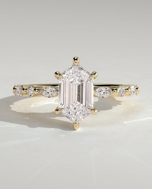 Agnes - Elongated Hexagon Claw Solitaire with Marquise and Round Accent Stones Engagement Ring - Yellow Gold - Yellow Gold 2ct