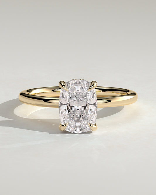 Ava - Elongated Cushion Claw Solitaire with Hidden Halo Engagement Ring - Yellow Gold - Yellow Gold 2ct