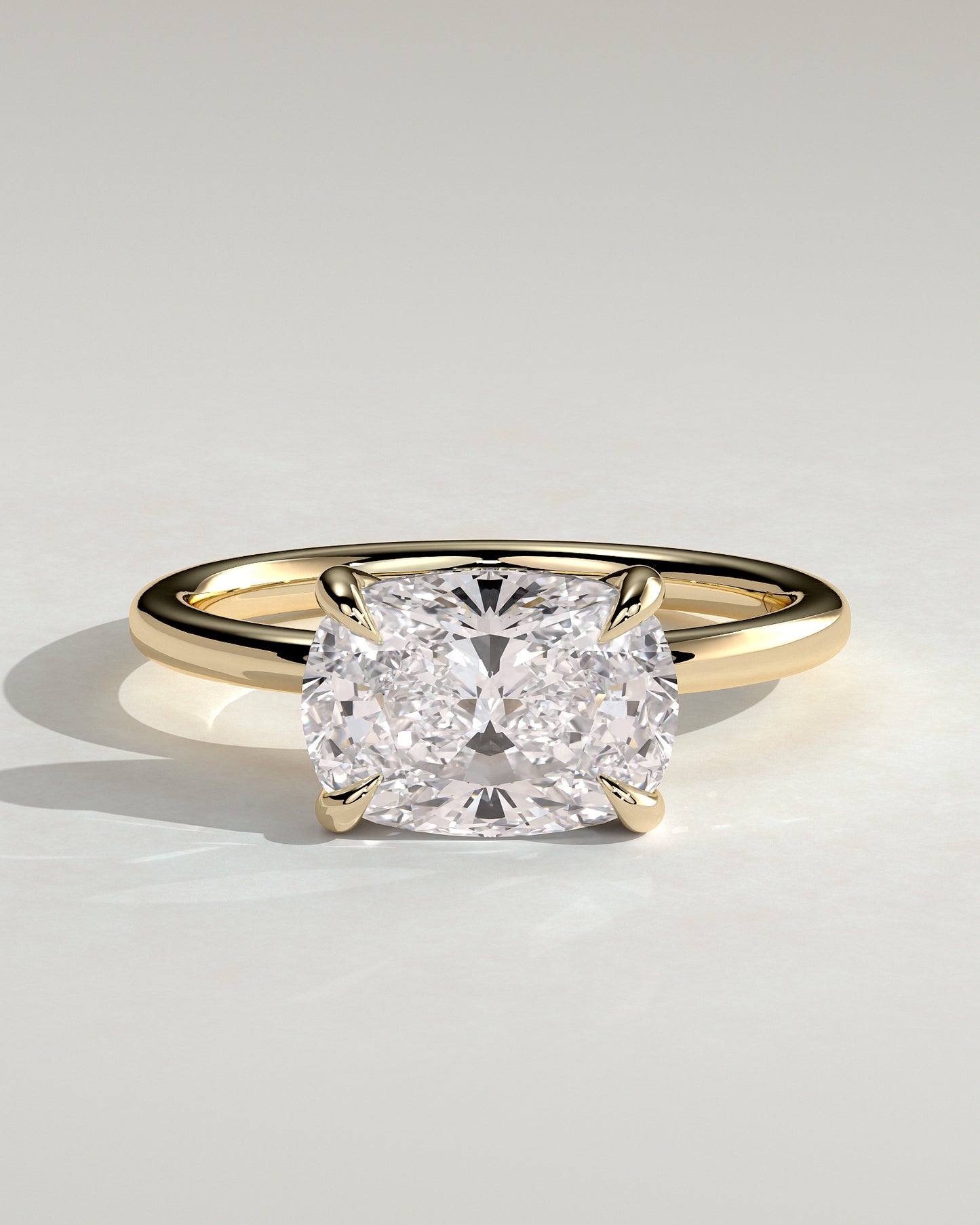 Frida - Elongated Cushion East West Claw Solitaire with Hidden Halo Engagement Ring - Yellow Gold
