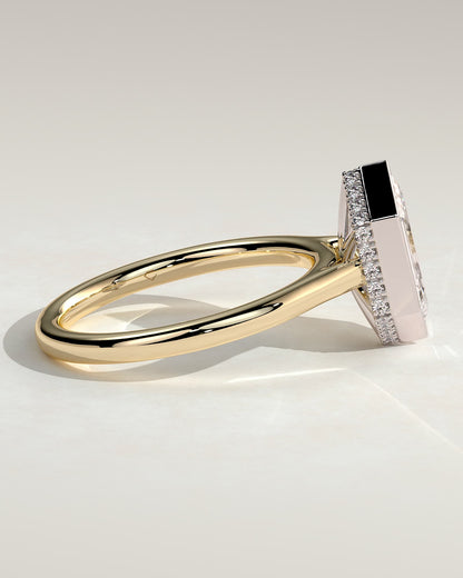 Gloria - Elongated Hexagon Bezel Solitaire with Hidden Halo and Cathedral High Setting Engagement Ring - Yellow Two-Tone