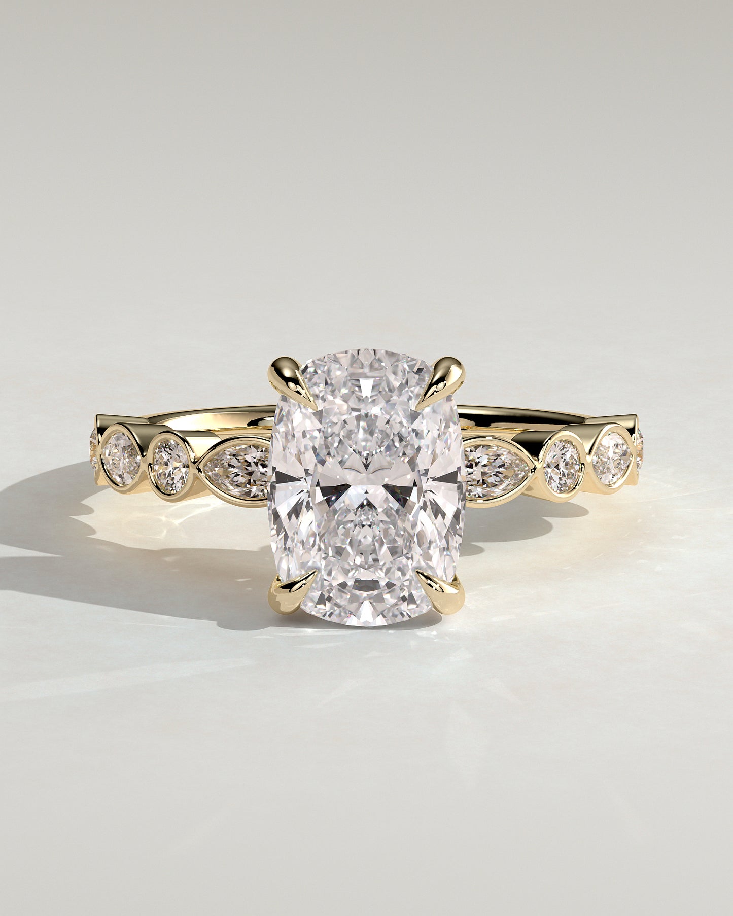 Carrie - Elongated Cushion Claw Solitaire with Round-Marquise Bezel Accent Stones Engagement Ring - Yellow Gold