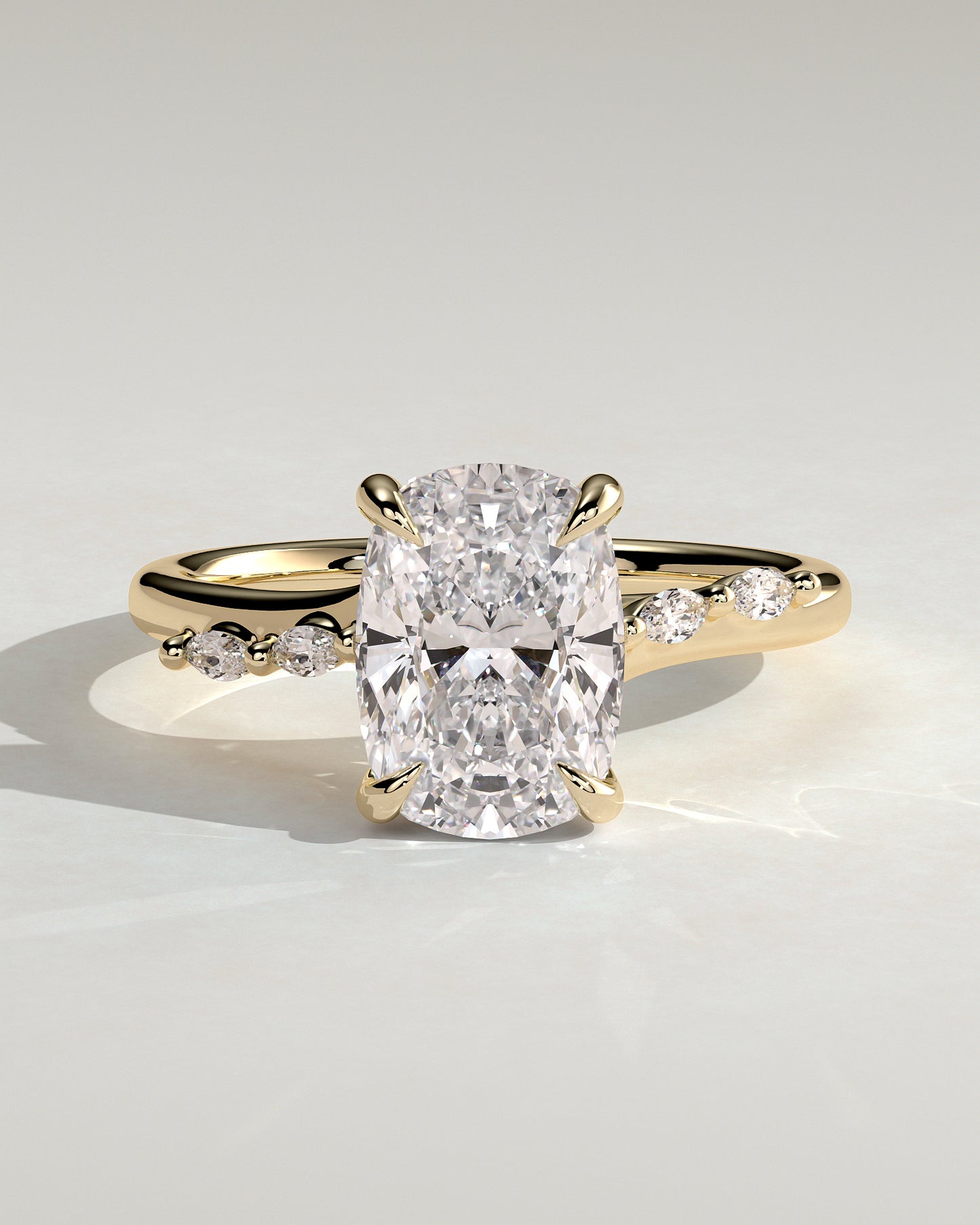 Elle - Elongated Cushion Claw Solitaire with Hidden Halo, Opposing Marquise Accents and Cathedral High Setting Engagement Ring - Yellow Gold