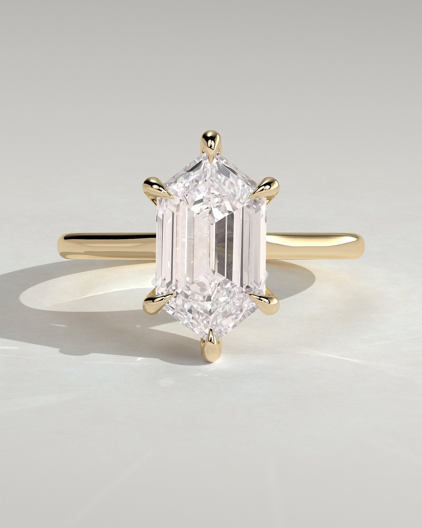 Anastasia - Elongated Hexagon Claw Solitaire with Hidden Halo and Cathedral High Setting Engagement Ring - Yellow Gold