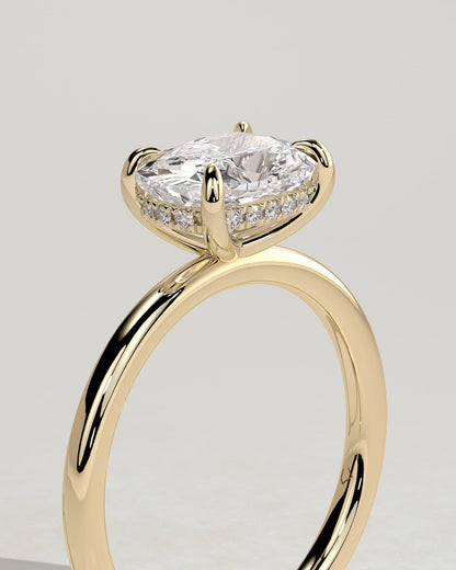 Frida - Elongated Cushion East West Claw Solitaire with Hidden Halo Engagement Ring - Yellow Gold