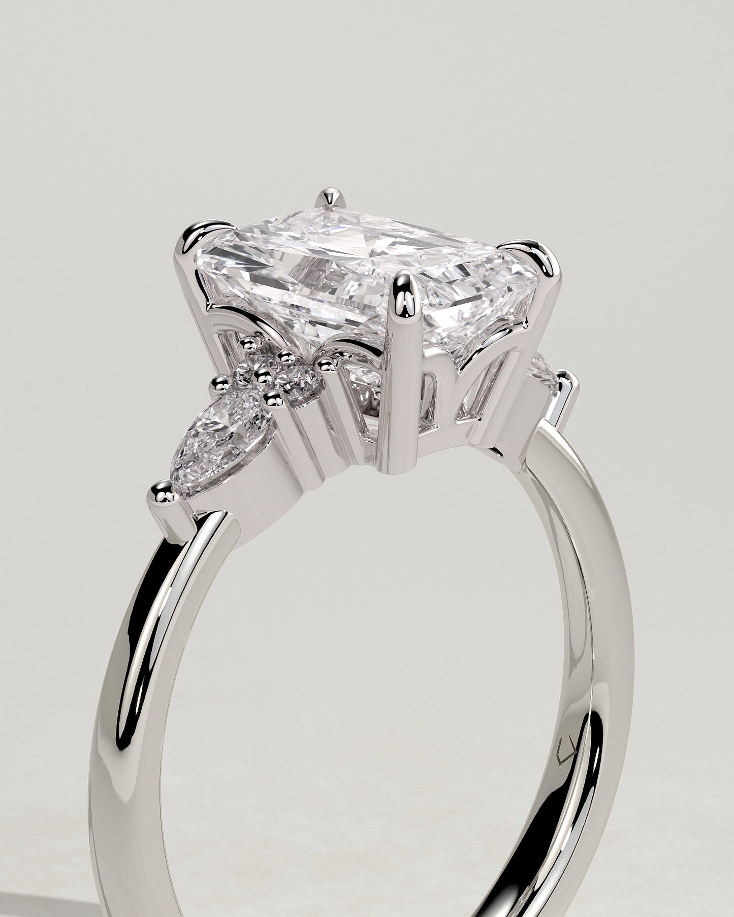 Heidi - Radiant Claw Solitaire with Pear Accents and Round Shoulder Stones Engagement Ring - Platinum - White Gold / Platinum 2ct