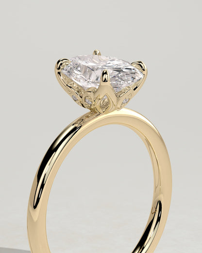 Aurelie - Oval Claw Solitaire with Petal Gallery and Accent Leaf Detail Engagement Ring - Yellow Gold