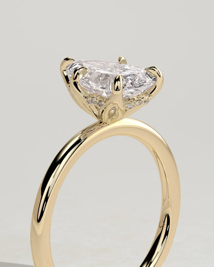 Blossom - Pear Claw Solitaire with Petal Gallery and Accented Tiara Detail Engagement Ring - Yellow Gold