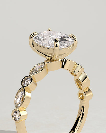 Carrie - Elongated Cushion Claw Solitaire with Round-Marquise Bezel Accent Stones Engagement Ring - Yellow Gold
