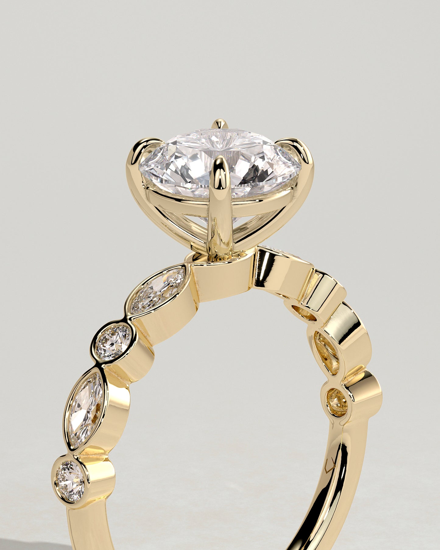 Cartia - Round Claw Solitaire with Round-Marquise Bezel Accent Stones Engagement Ring - Yellow Gold - Yellow Gold 2ct