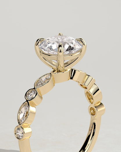 Cartia - Round Claw Solitaire with Round-Marquise Bezel Accent Stones Engagement Ring - Yellow Gold