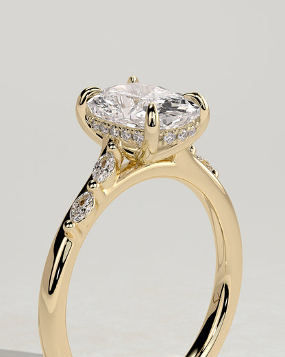 Elle - Elongated Cushion Claw Solitaire with Hidden Halo, Opposing Marquise Accents and Cathedral High Setting Engagement Ring - Yellow Gold
