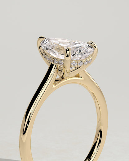 Kimberly - Pear Claw Solitaire with Hidden Halo and Cathedral High Setting Engagement Ring - Yellow Gold