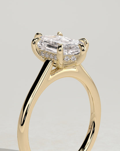 Anastasia - Elongated Hexagon Claw Solitaire with Hidden Halo and Cathedral High Setting Engagement Ring - Yellow Gold