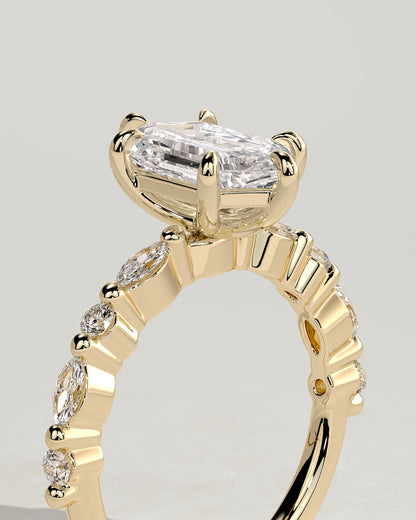 Agnes - Elongated Hexagon Claw Solitaire with Marquise and Round Accent Stones Engagement Ring - Yellow Gold - yellow gold - Lara Jewels